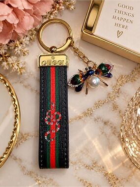 Handcrafted Black Red Green Stripe Snake Wristlet Keychain w/ Gold Bee Charm